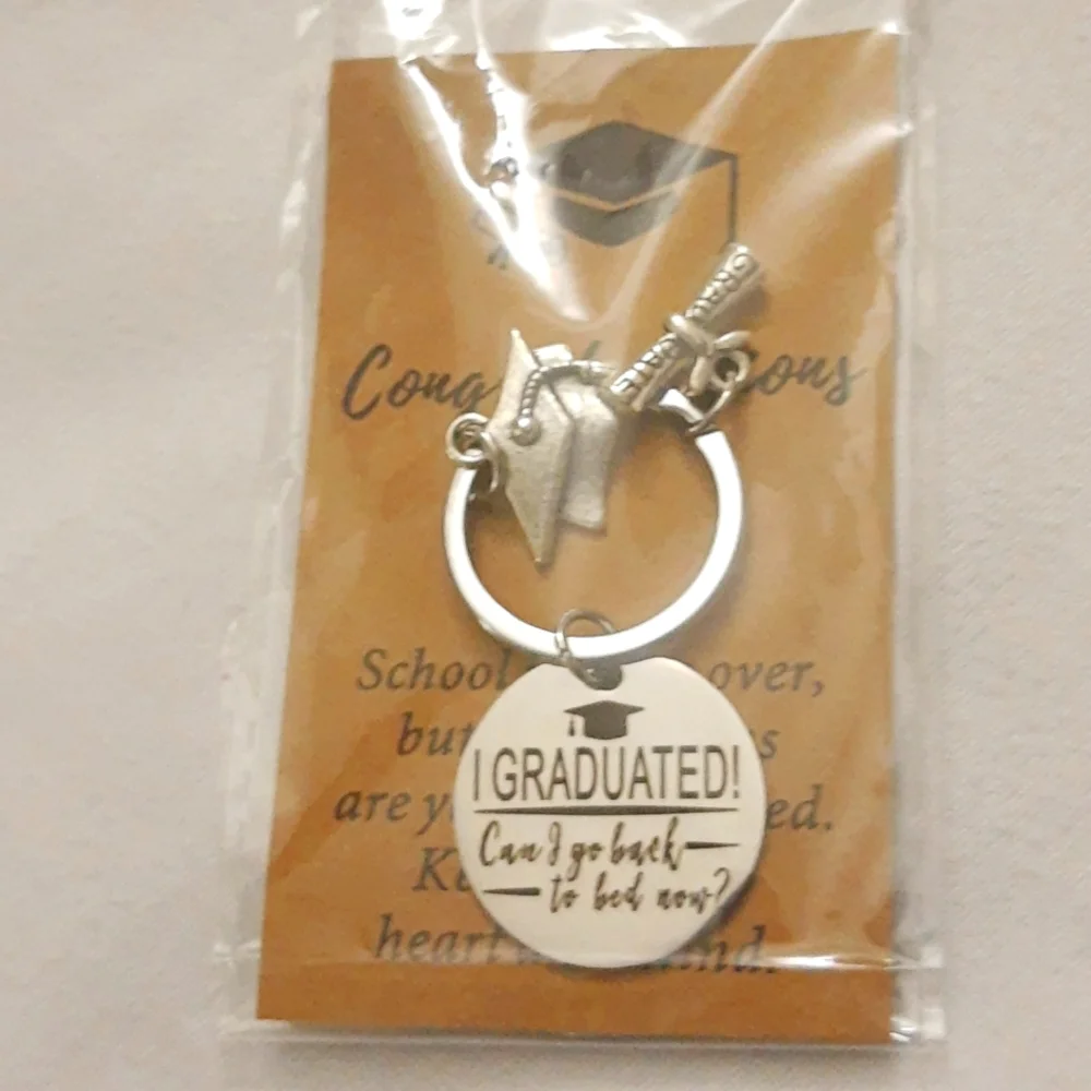 Graduation Gift CAN I GO BACK TO BED NOW Funny Grad Keychain Jewelry NEW SEALED